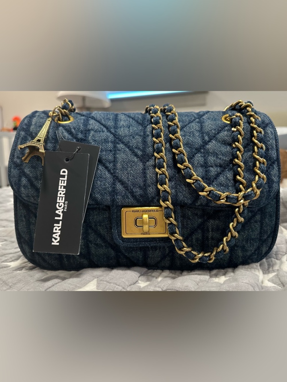NWT Karl Lagerfeld Paris Women's Agyness Quilted Denim Shoulder Crossbody Bag